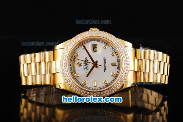 Rolex Day-Date II Automatic Movement Full Gold with Double Row Diamond Bezel-White MOP Dial and Diamond Markers - Click Image to Close